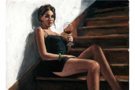 Girl with Red at Stairs painting