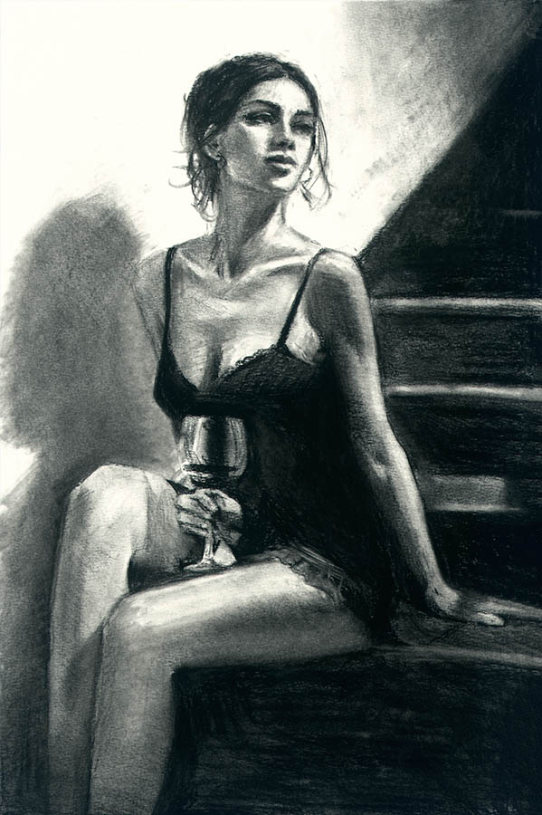 Girl with Red at Stairs II - charcoal