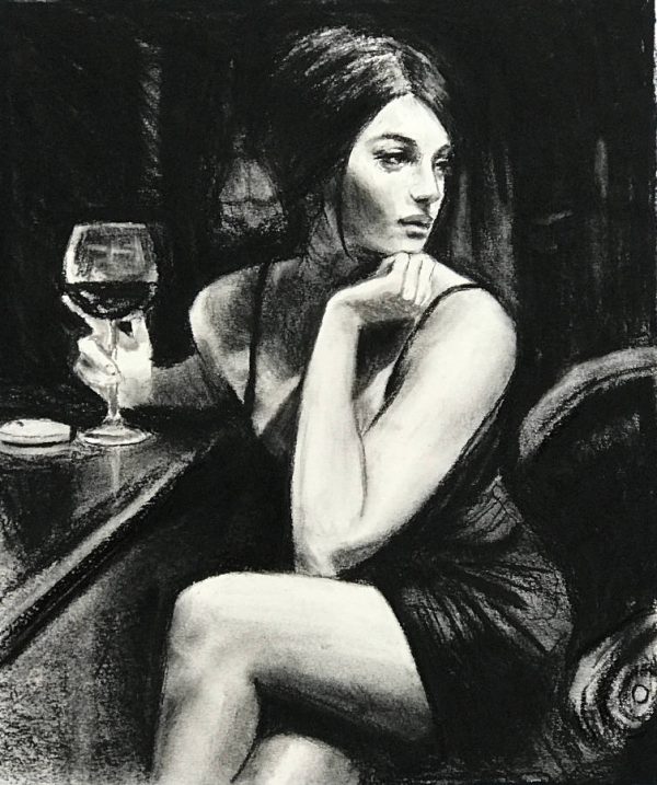 Saba with Glass of Red Wine (ink)